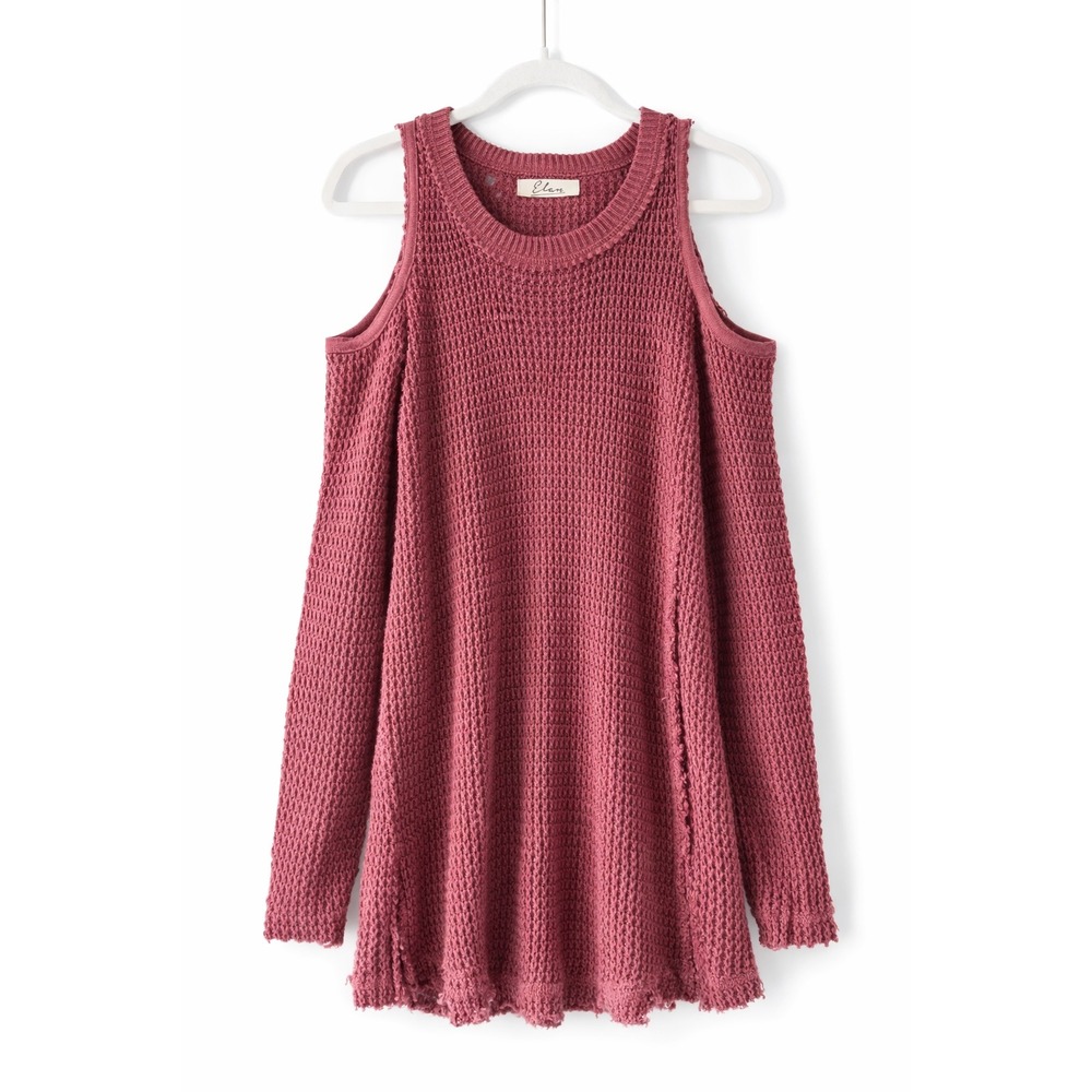 Elan Mauve Cold Shoulder Waffle Knit Tunic Sweater 100% Cotton Size M